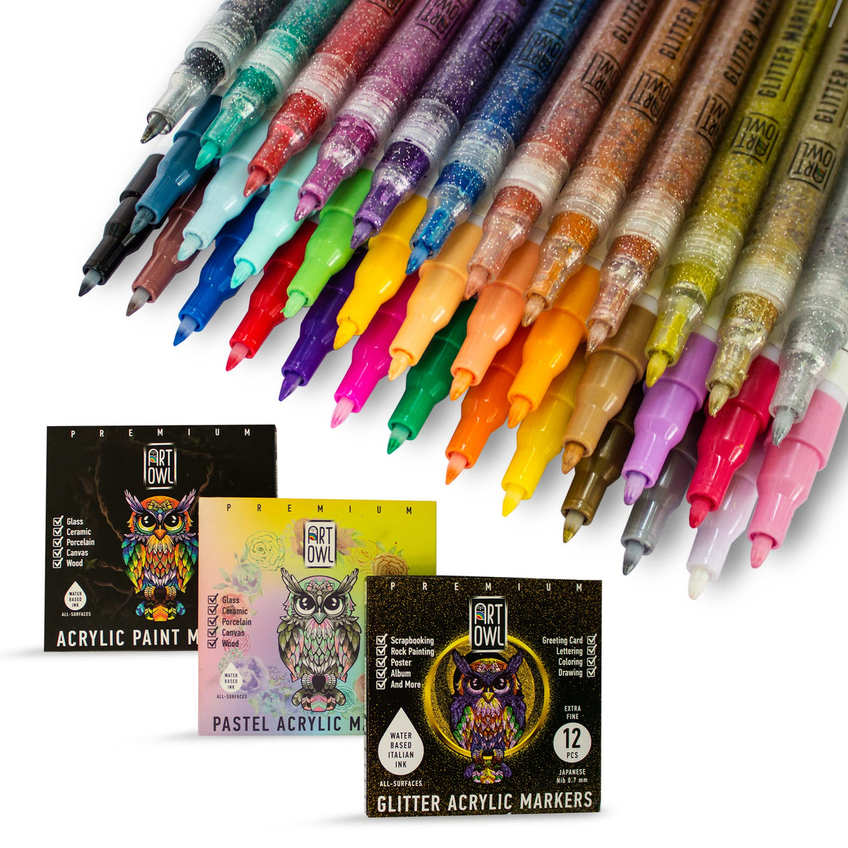 Art Owl 12 Normal Paint Pens, 12 Acrylic Pastel Paint Markers and 12 Glitter Paint Pens Extra Fine Tip, Bundle for Rock Painting, Stone, Ceramic, Art Owl