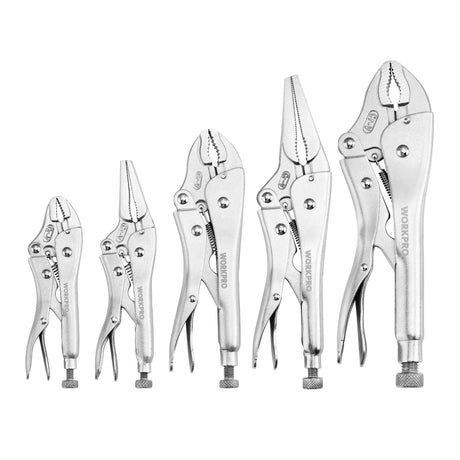 WORKPRO 5-Piece Locking Pliers Set, Pliers Tool Set, Vice Grips with Chrome-vanadium Steel, 5/7/10 inch Curved Jaw Pliers, 6.5/9 inch Long Nose WORKPRO