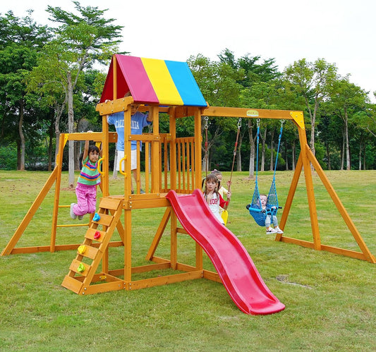 SuniBoxi Wooden Swing Sets for Backyard, Playground Sets for Backyards with a Slide, Rock Climbing Wall, Sandbox, Colorful Shed Cloth, Monkey bar,