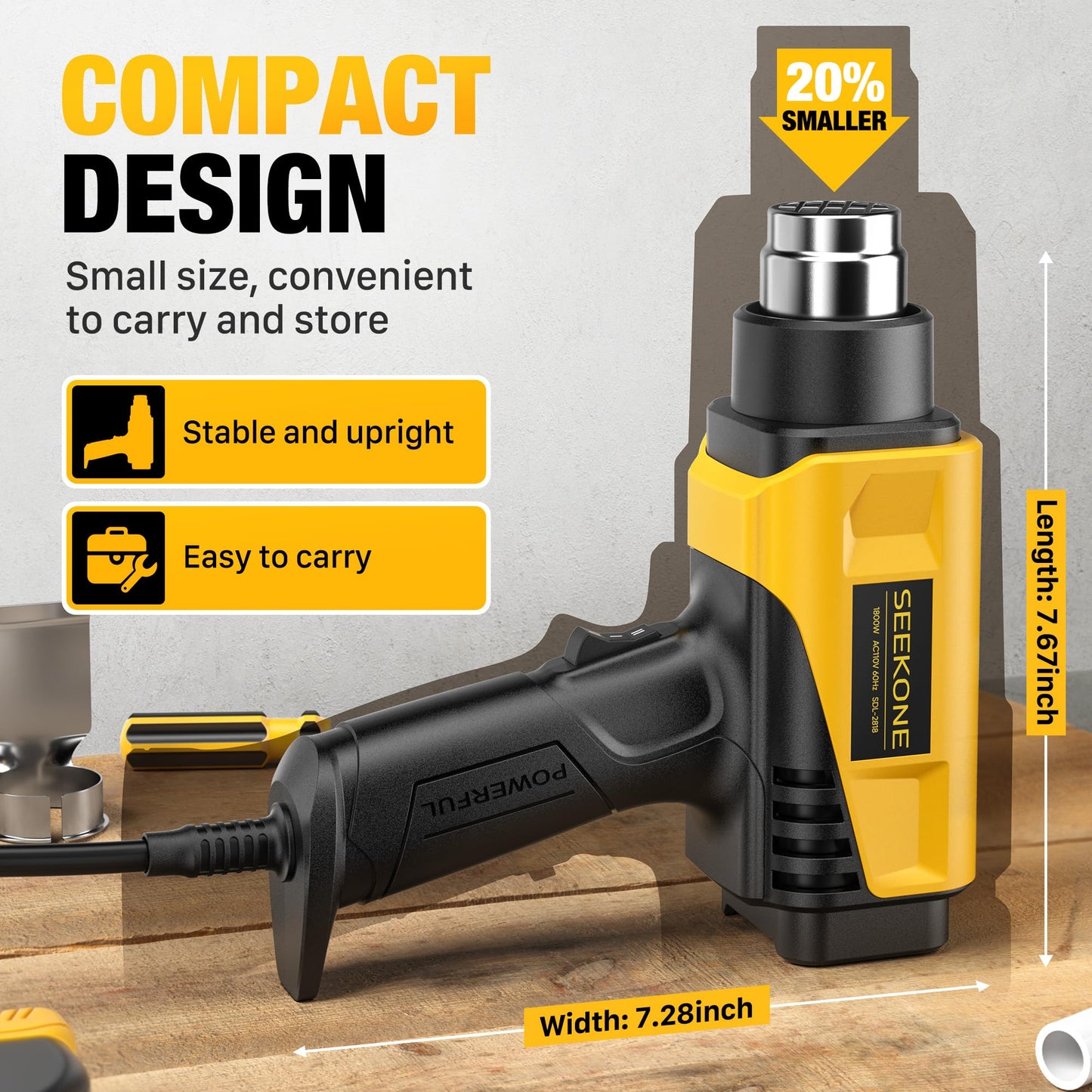 SEEKONE 1800W Heat Gun Compact Design Heavy Duty Hot Air Gun Variable Temperature Control for 2-Temp Settings 122℉~1202℉（50℃- 650℃）with 4 Nozzles for - WoodArtSupply