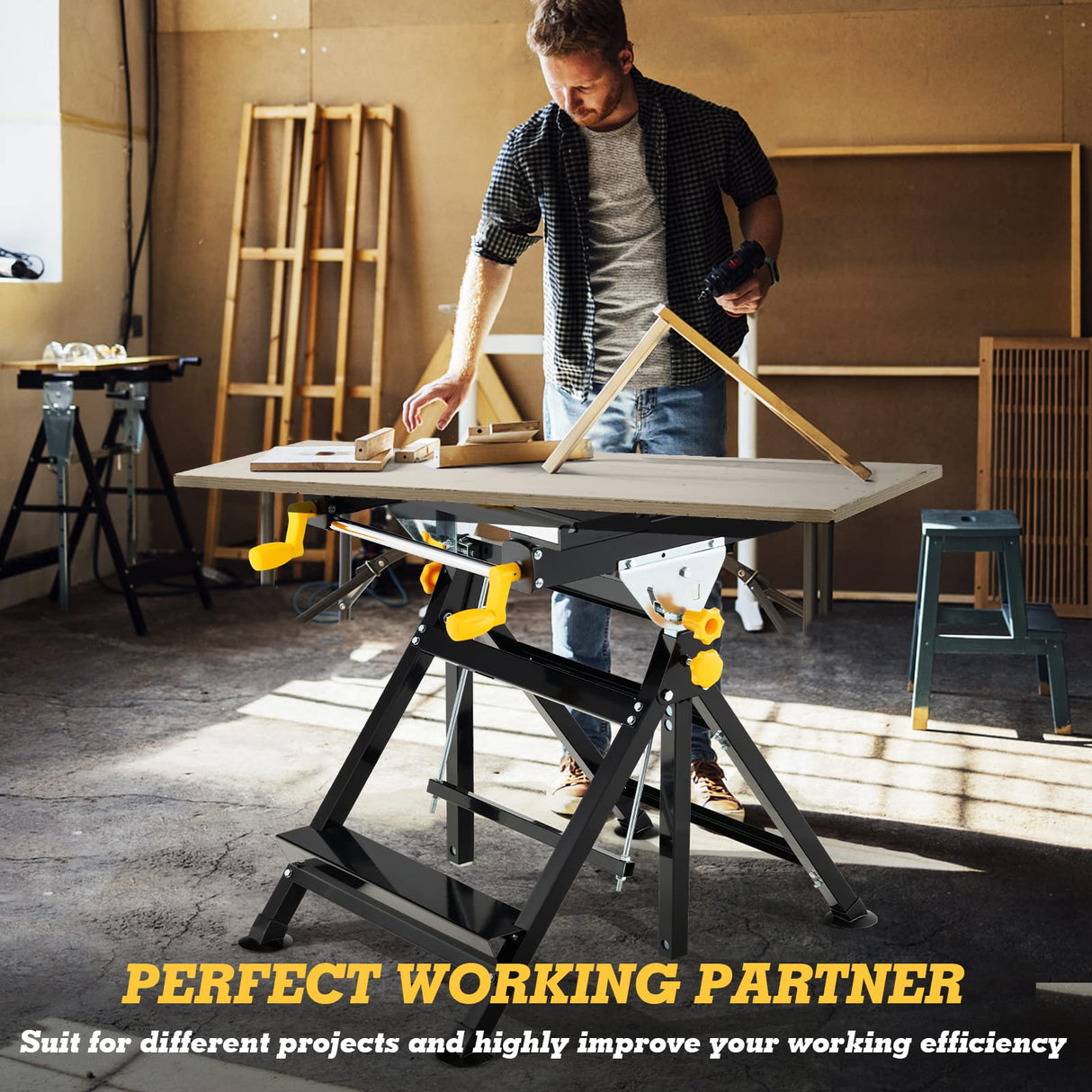 S AFSTAR Folding Work Table, Portable Workstation with Tiltable & Extendable Tabletop, 8 Sliding Non-marring Clamps & 2 Clamping Handles, 7-Level S AFSTAR