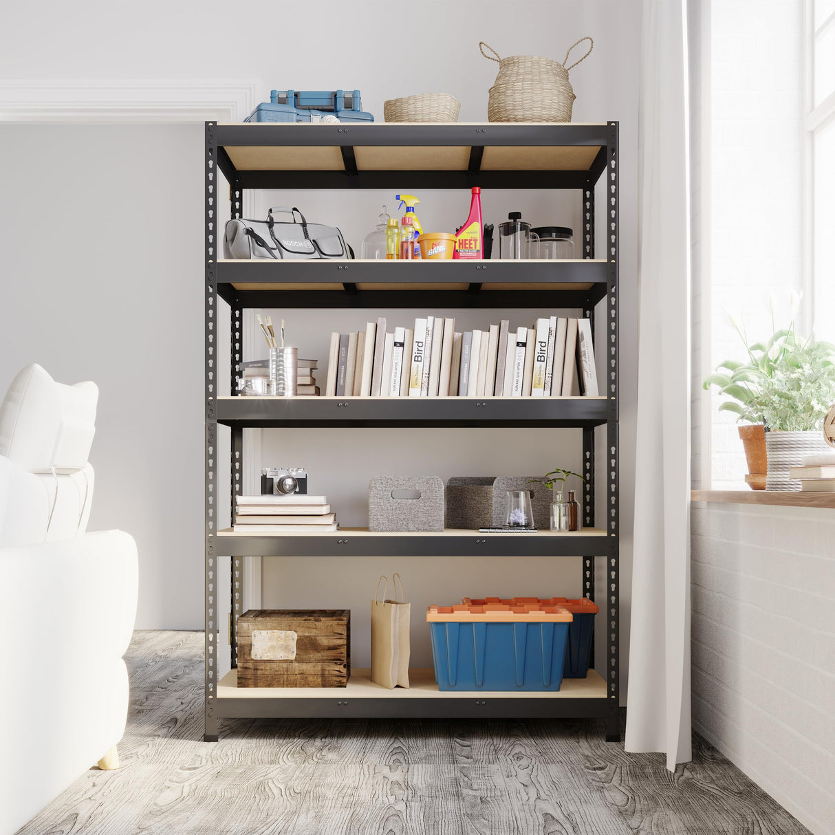 BuxWellBang 48" W x 24" D x 72" H Adjustable Garage Storage Shelves - 5-Shelf Heavy Duty Shelving Unit, Metal Utility Storage Organizer Racks for BuxWellBang