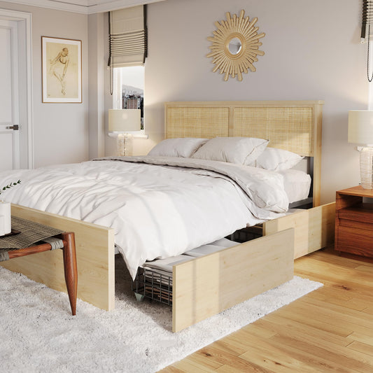 Brafab Natural Rattan Queen Bed Frame with Wooden Headboard & 4 Storage Drawers - WoodArtSupply