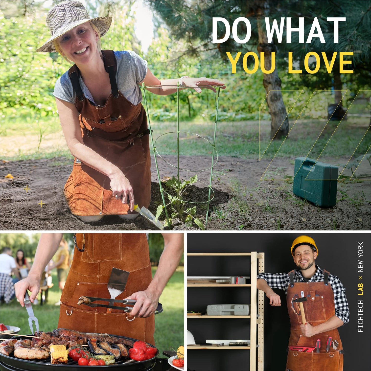 FIGHTECH® Leather Work Apron with Tool Pockets For Welding w Kevlar Stitching | Woodworking Shop | Adjustable M-XXL (Brown, Leather) FIGHTECH