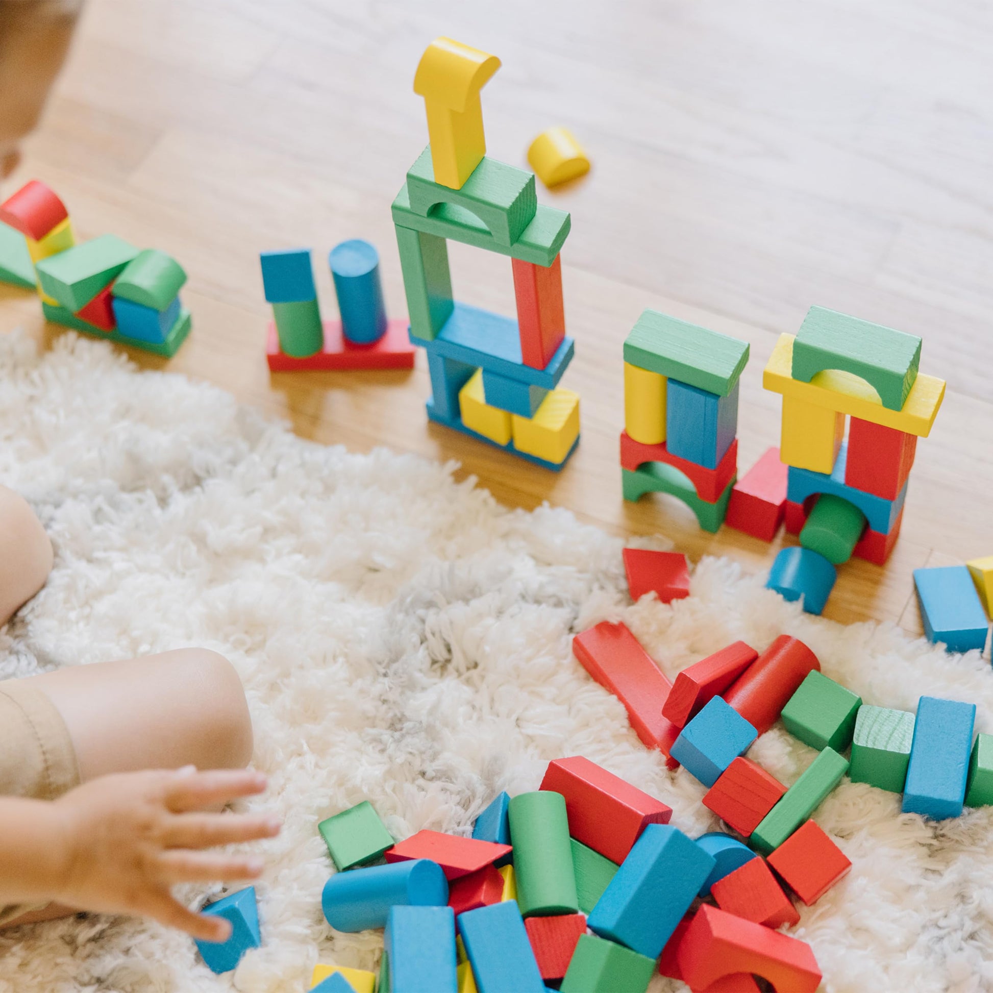 Melissa & Doug Wooden Building Set - 100 Blocks in 4 Colors and 9 Shapes - WoodArtSupply