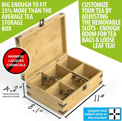 Zen Earth Inspired Bamboo Tea Organizer Box Chemical Free Eco-Friendly Big, Tall, Adjustable Cubbies Natural Wooden Storage Chest (Blank 6-Slot 11" x - WoodArtSupply