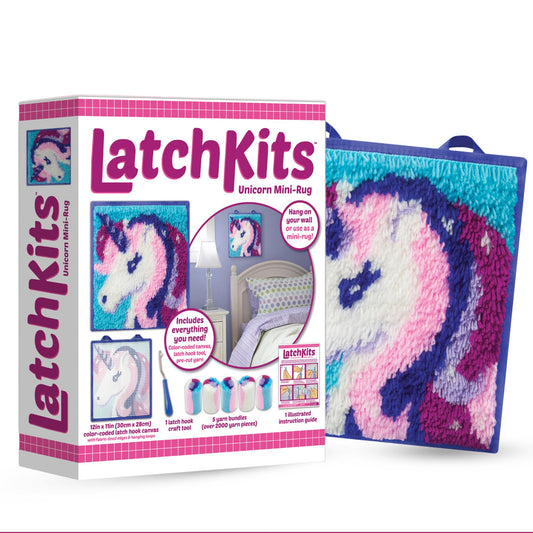 LatchKits Latch Hook Kit for Wall Hangings & Mini-Rugs - Unicorn - Craft Kit with Easy, Color-Coded Canvas, Pre-Cut Yarn & Latch Hook Tool - Perfect - WoodArtSupply