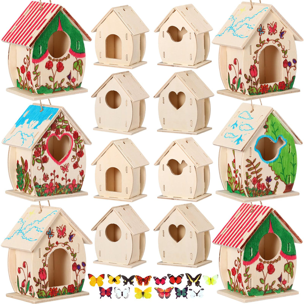 Outus 24 Pcs Wooden Birdhouse Craft Kits for Kids to Build, 4 Shapes Bird House Kit Wooden Unfinished with Watercolor Pen and Butterfly Sticker for Outus