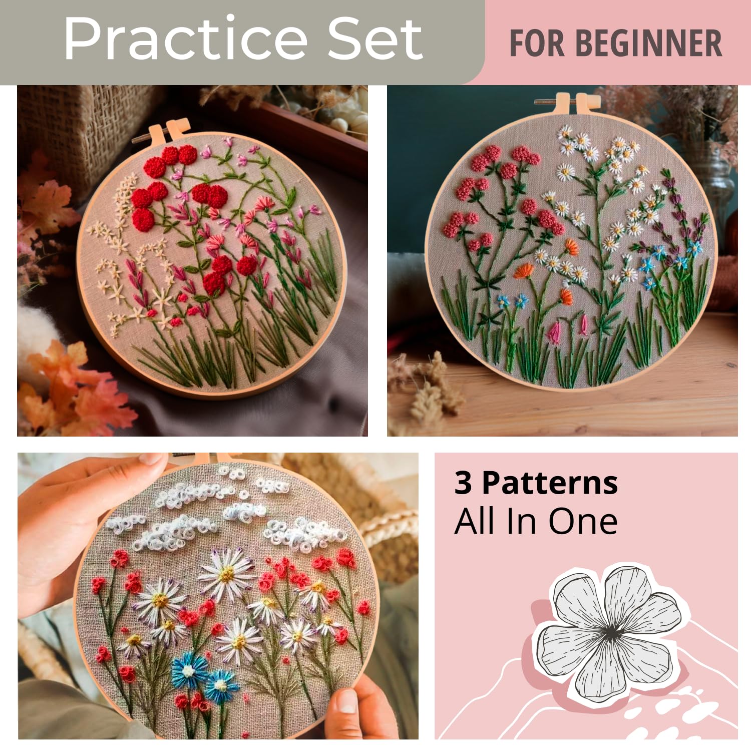 Univigo Embroidery Kit 3 Sets Embroidery Stitch Practice Kit for Handicraft Lover Cross Stitch Kits with Embroidery Cloth Hoop Color Threads Scissors Univigo