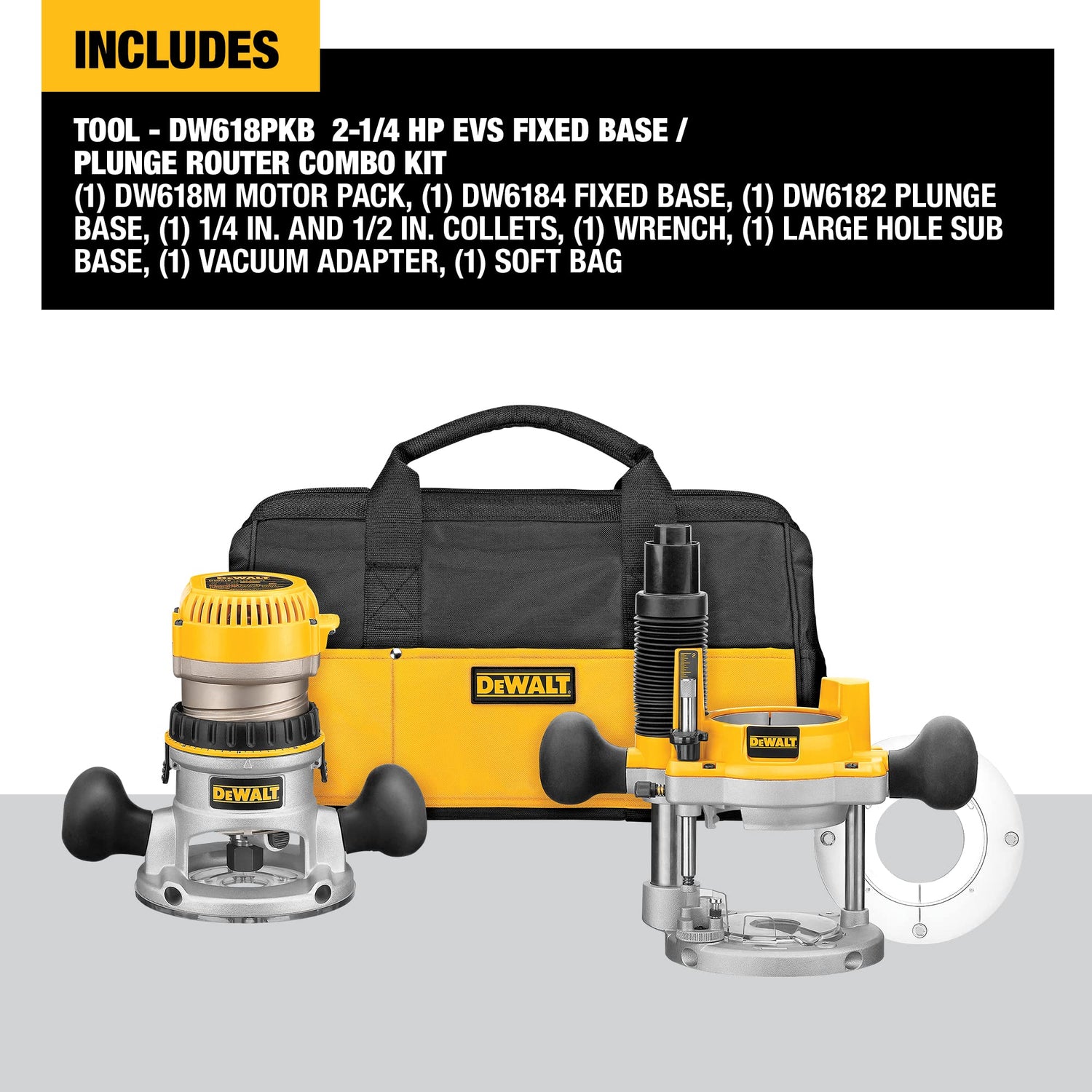 DEWALT Router, Fixed and Plunge Base Kit, Soft Start, 12-Amp, 24,000 RPM, Variable Speed Trigger, Corded (DW618PKB) DEWALT