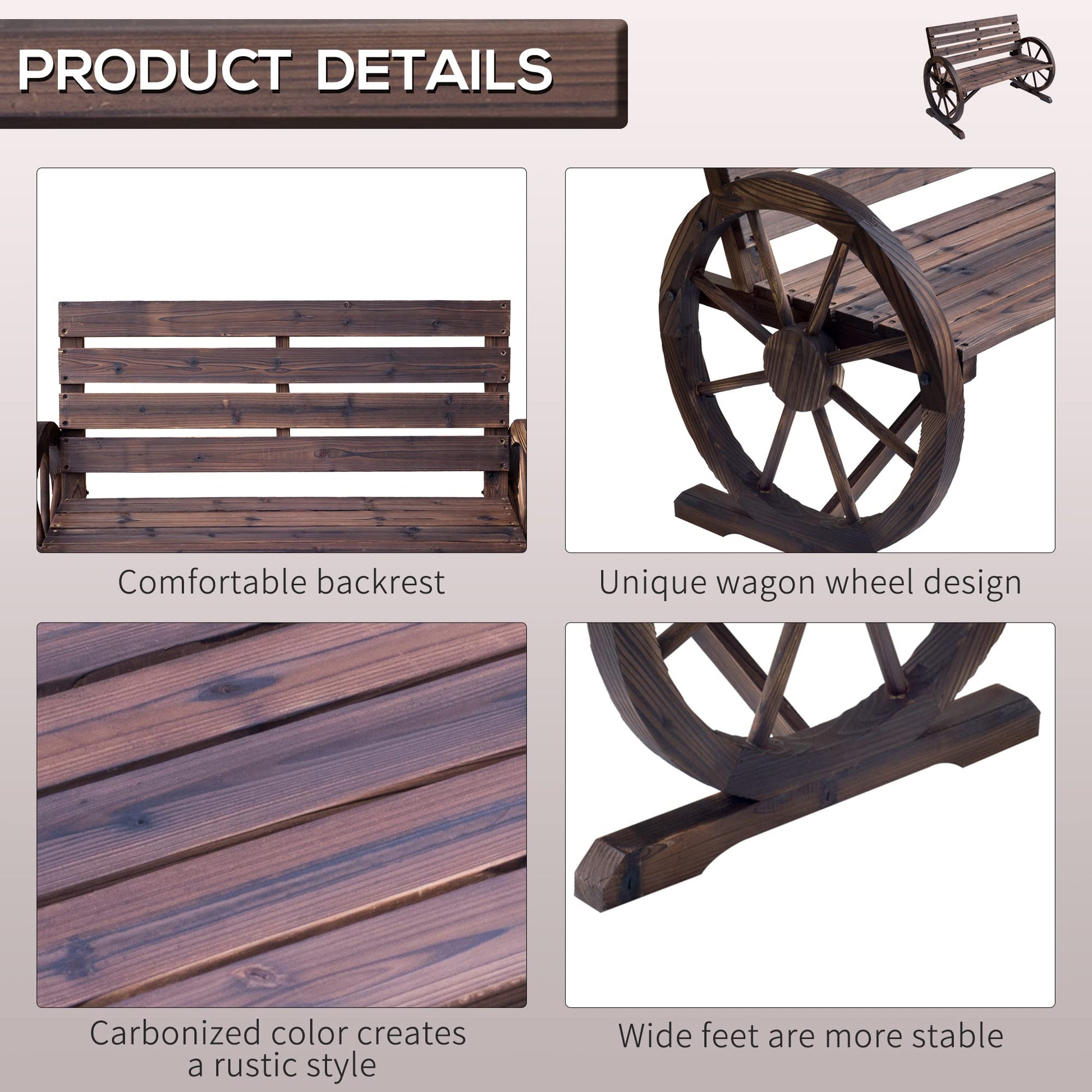 Outsunny Rustic Wagon Wheel Armrest Bench for Outdoor Patio - Brown 2-Person Seating - WoodArtSupply