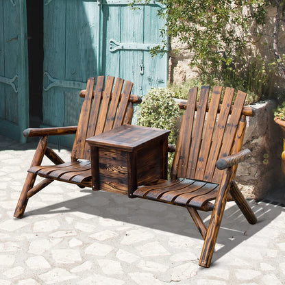 Outsunny Double Wooden Adirondack Chair with Ice Bucket, Outdoor Loveseat with High Backrest, Smooth Armrest, Rustic Brown - WoodArtSupply