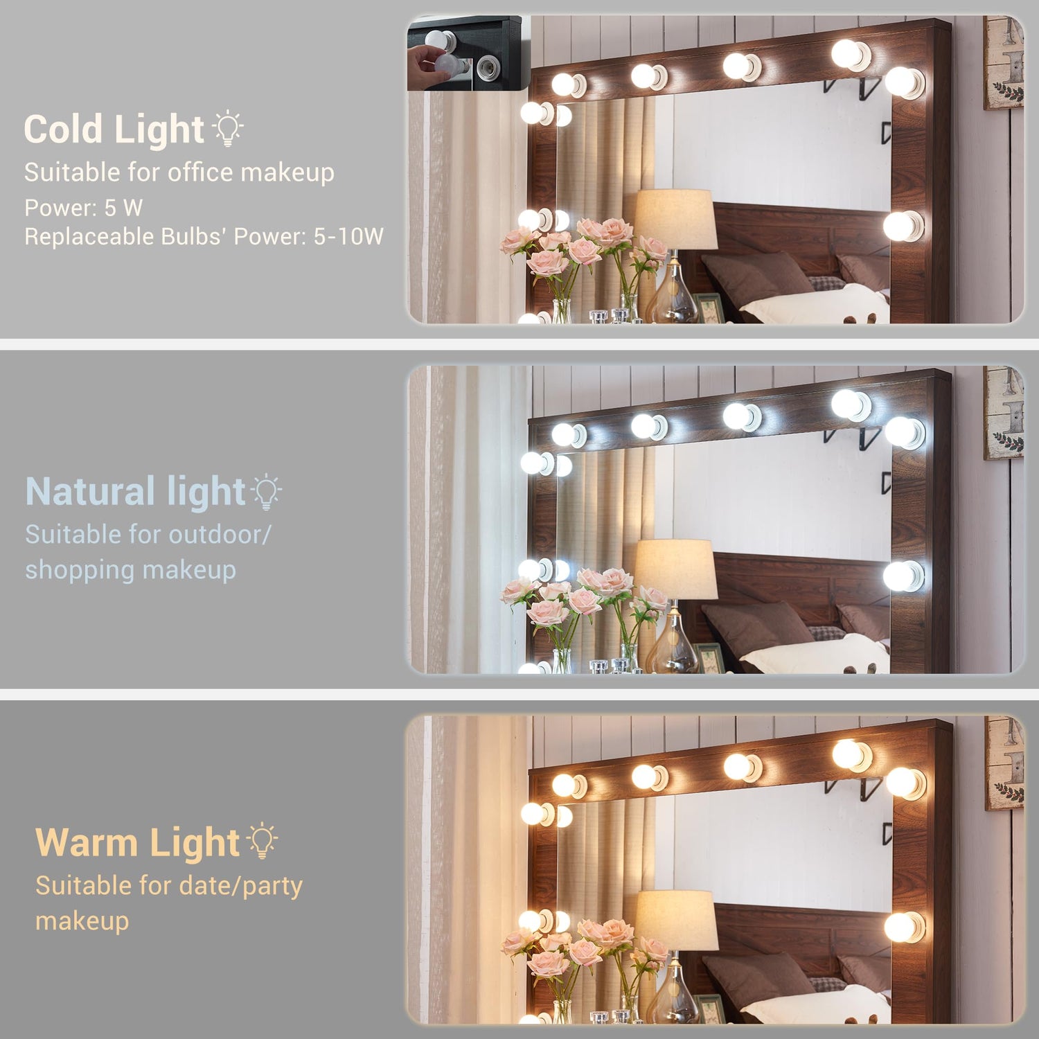 JXQTLINGMU Farmhouse Makeup Vanity Desk with Mirror and Lights, 43'' Glass Tabletop Vanity Table with 3 Drawers & Shelves, Rustic Large Vanity Set JXQTLINGMU