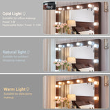 JXQTLINGMU Farmhouse Makeup Vanity Desk with Mirror and Lights, 43'' Glass Tabletop Vanity Table with 3 Drawers & Shelves, Rustic Large Vanity Set JXQTLINGMU