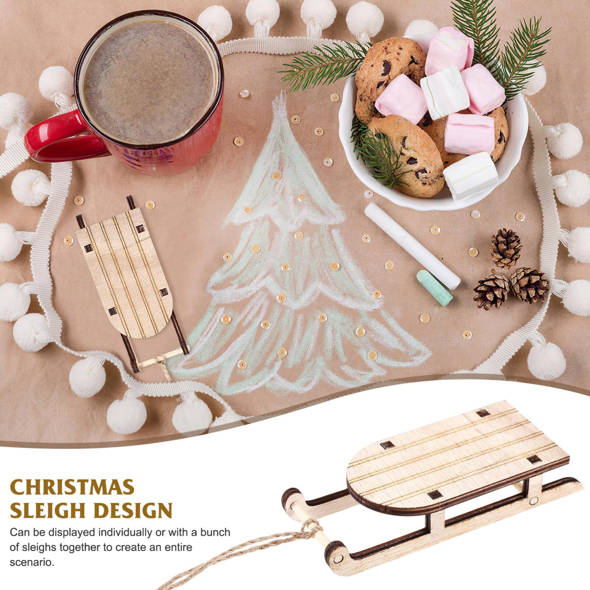 The Office Ornaments 5 Pcs Christmas Sled Ornaments Unfinished Wood Miniature Sleigh for Xmas Tree Hanging Decoration Christmas Sled Decor SEWACC