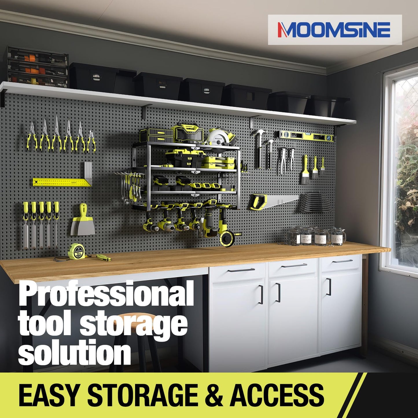 MOOMSINE 4 Layer Power Tool Organizer Wall Mount, Battery Tools Holder with Charging Station Shelf, Cordless Drill Hanger Storage Rack for Garage