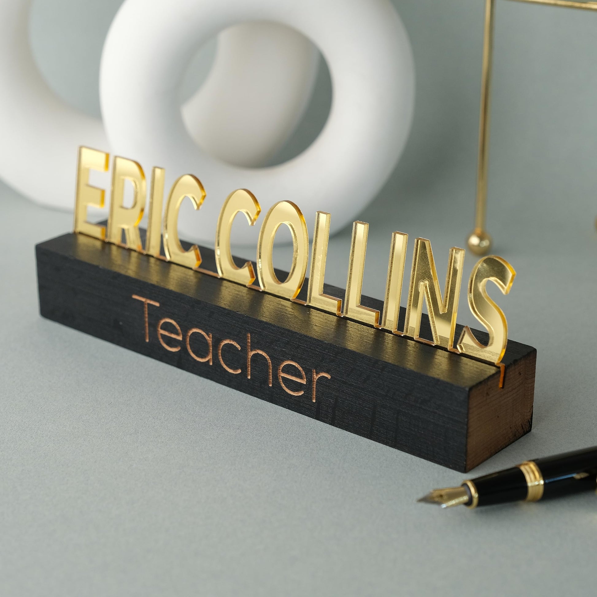 Personalized Desk Name Plate, Office Desk Sign, Custom Gold Acrylic on Black Wood Desk Name Plate - Personalized Office Decor - WoodArtSupply