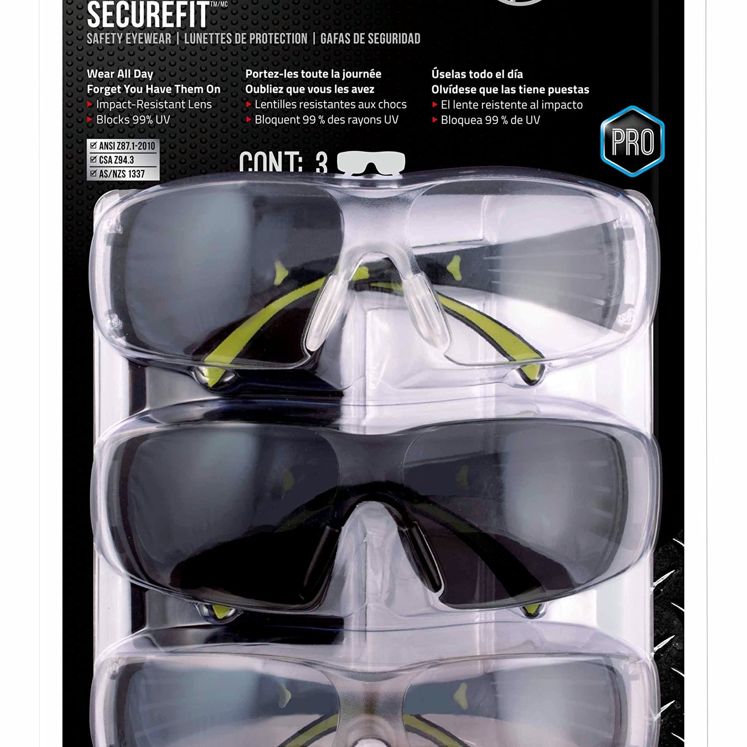 3M Secure-Fit 400 Anti-Fog Eye Protection Glasses, 3 Pack: Clear + Mirror + Gray Lenses 3M