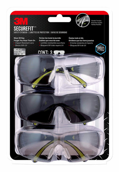 3M Secure-Fit 400 Anti-Fog Eye Protection Glasses, 3 Pack: Clear + Mirror + Gray Lenses