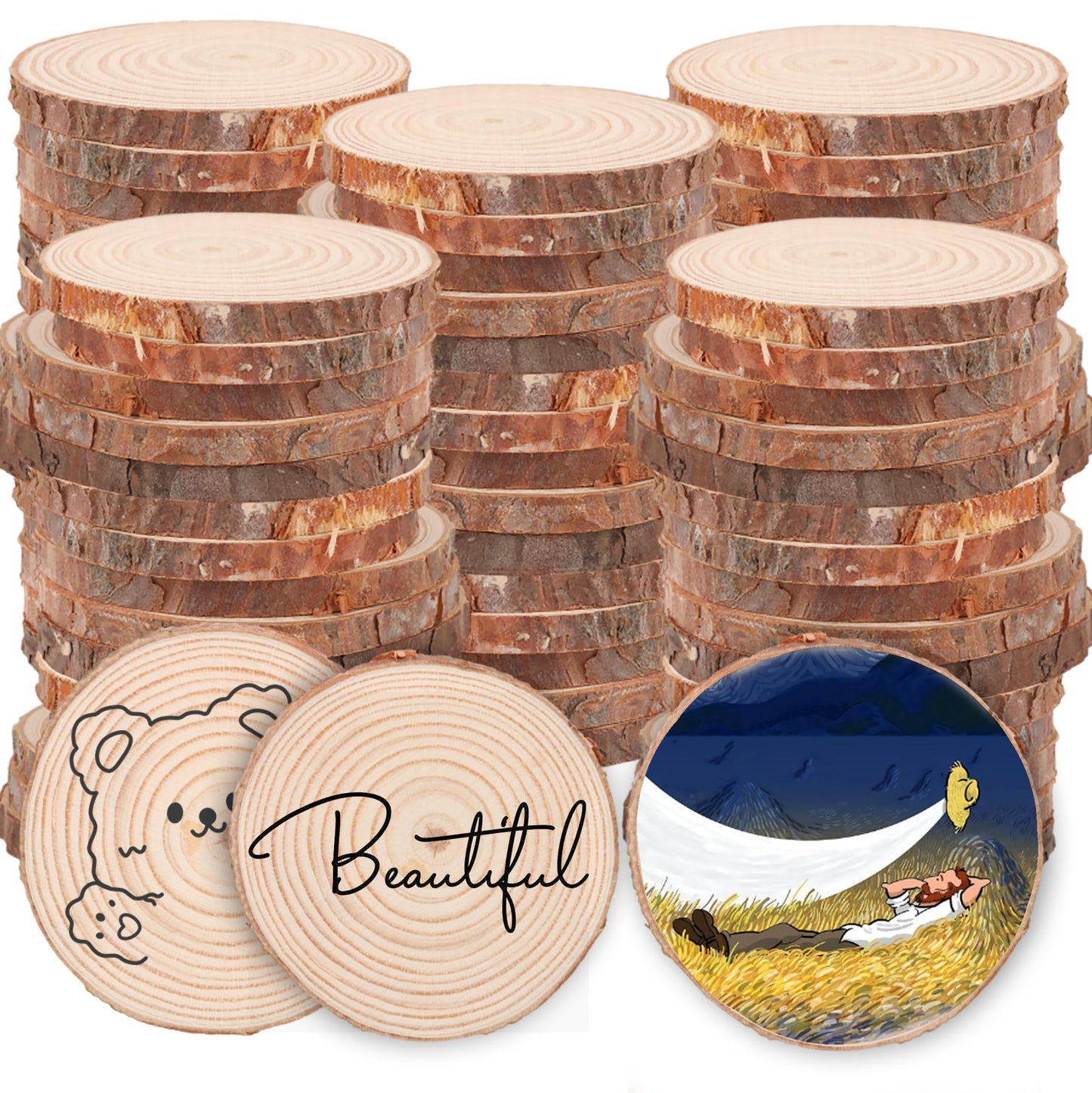 AKOLAFE 100 Pieces Natural Wood Slices 2"-2.4" Rustic Wood Slice Ornaments Unfinished Wood Tree Slices Wood Rounds Wooden Discs Pine Wood Circles for