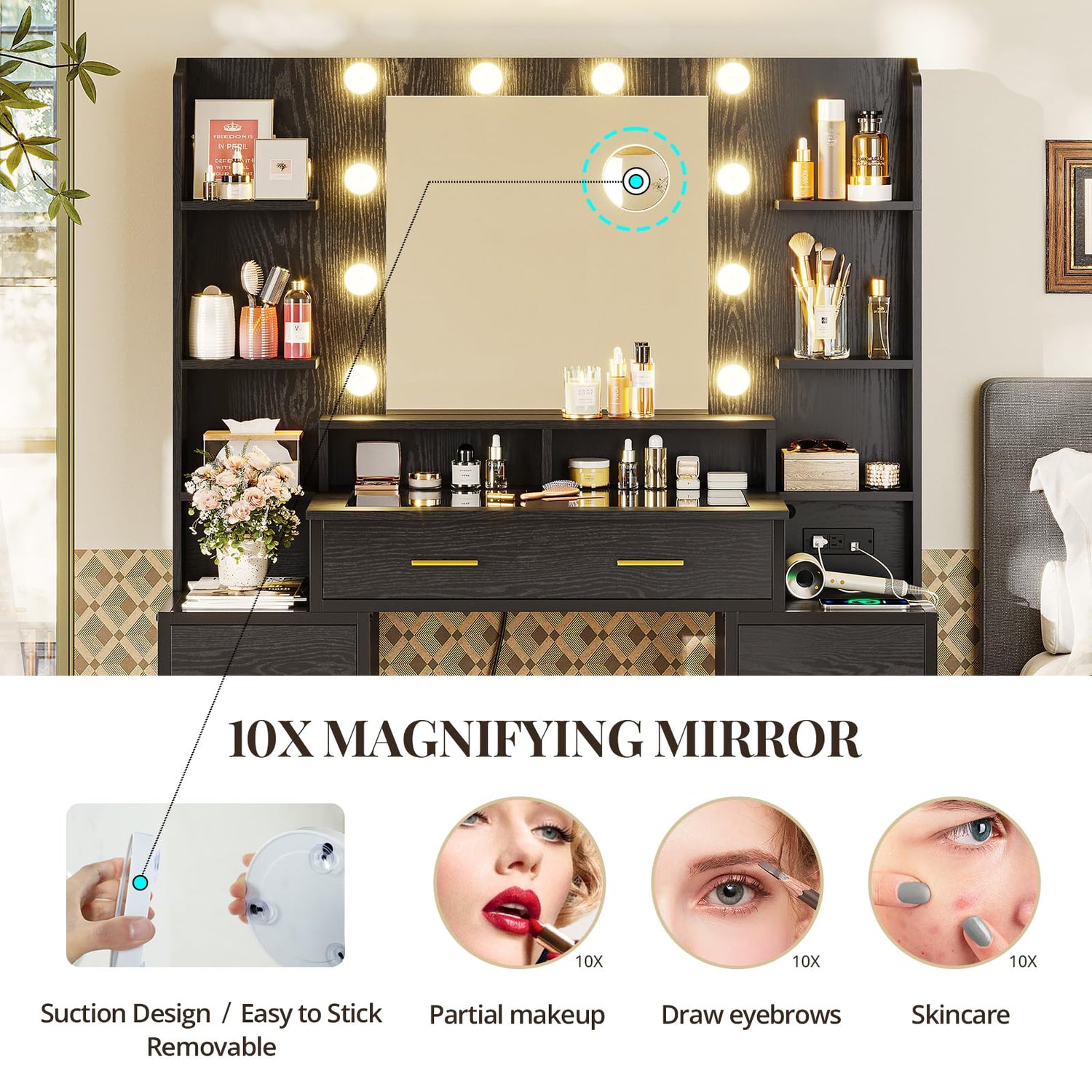 HAUOMS Glass Top Makeup Vanity with Mirror and Lights, Vanity Desk with Power Strip & 10x Magnifying Mirror, Vanity Table with Compartment Stoarge HAUOMS