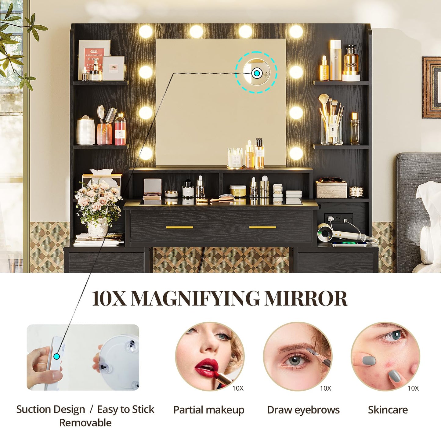 HAUOMS Glass Top Makeup Vanity with Mirror and Lights, Vanity Desk with Power Strip & 10x Magnifying Mirror, Vanity Table with Compartment Stoarge - WoodArtSupply