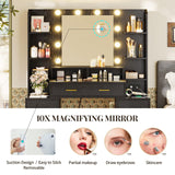 HAUOMS Glass Top Makeup Vanity with Mirror and Lights, Vanity Desk with Power Strip & 10x Magnifying Mirror, Vanity Table with Compartment Stoarge HAUOMS