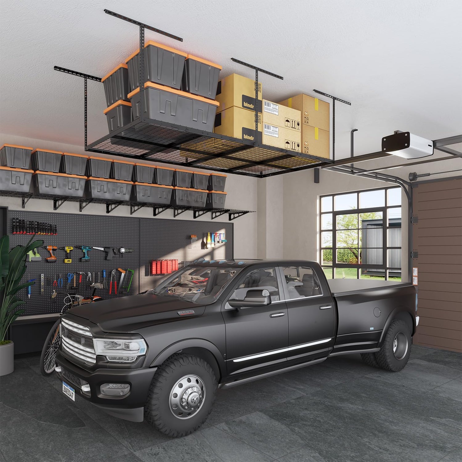 eShelf 4ftx8ft Overhead Garage Storage Rack, Heavy-Duty Metal Garage Ceiling Storage Rack, 22''-40" Adjustable Ceiling Drop-Down, 600 lb. Loading eShelf