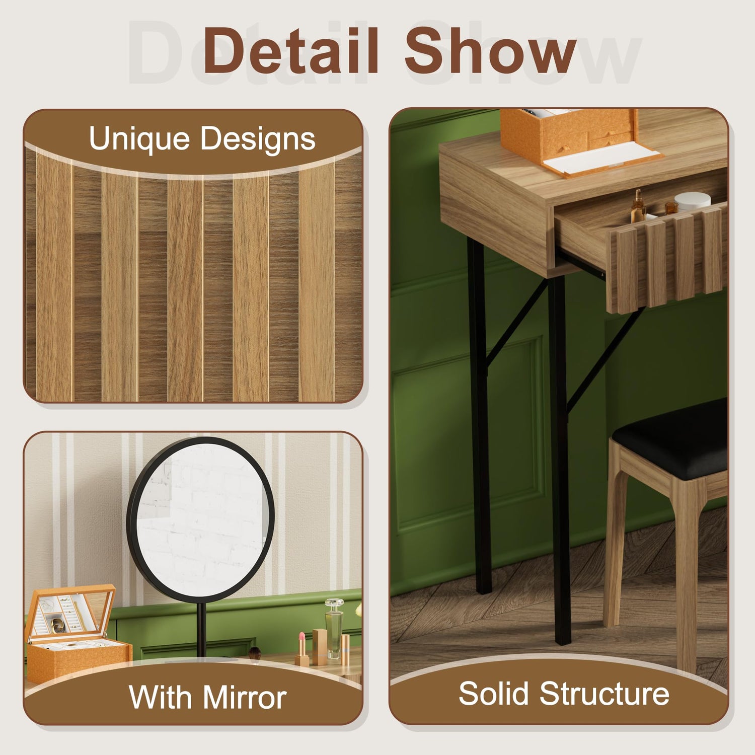 UEV Wood Vanity Desk with Mirror,Makeup Vanity Set with Drawer Chest,Vanity Dressing Table Makeup Desk Set with Storage Space for Bedroom(Wood) UEV