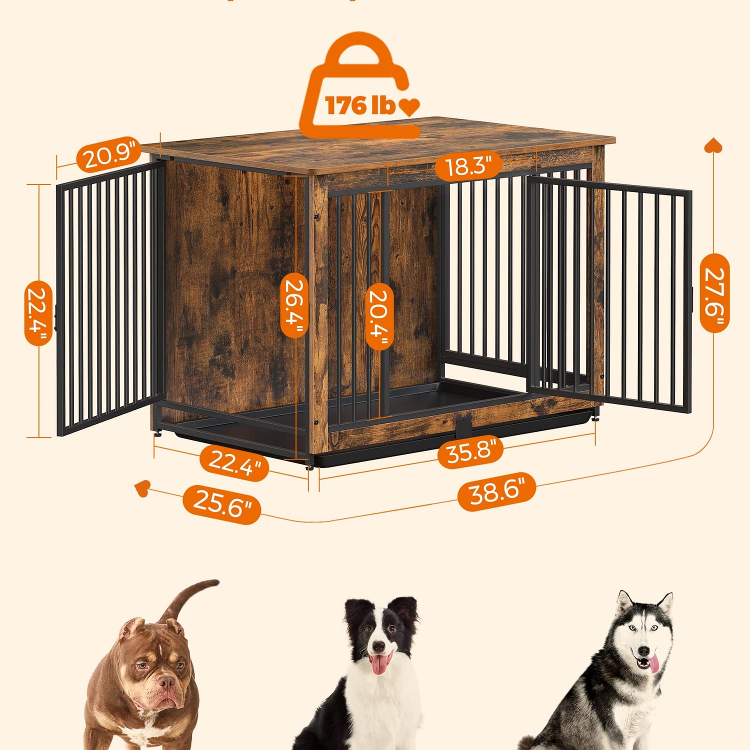Feandrea Dog Crate Furniture, 38 Inches Dog Kennel for Dogs up to 70 lb, with Removable Tray, Heavy-Duty Dog Cage End Table, Double Doors Dog House, Feandrea