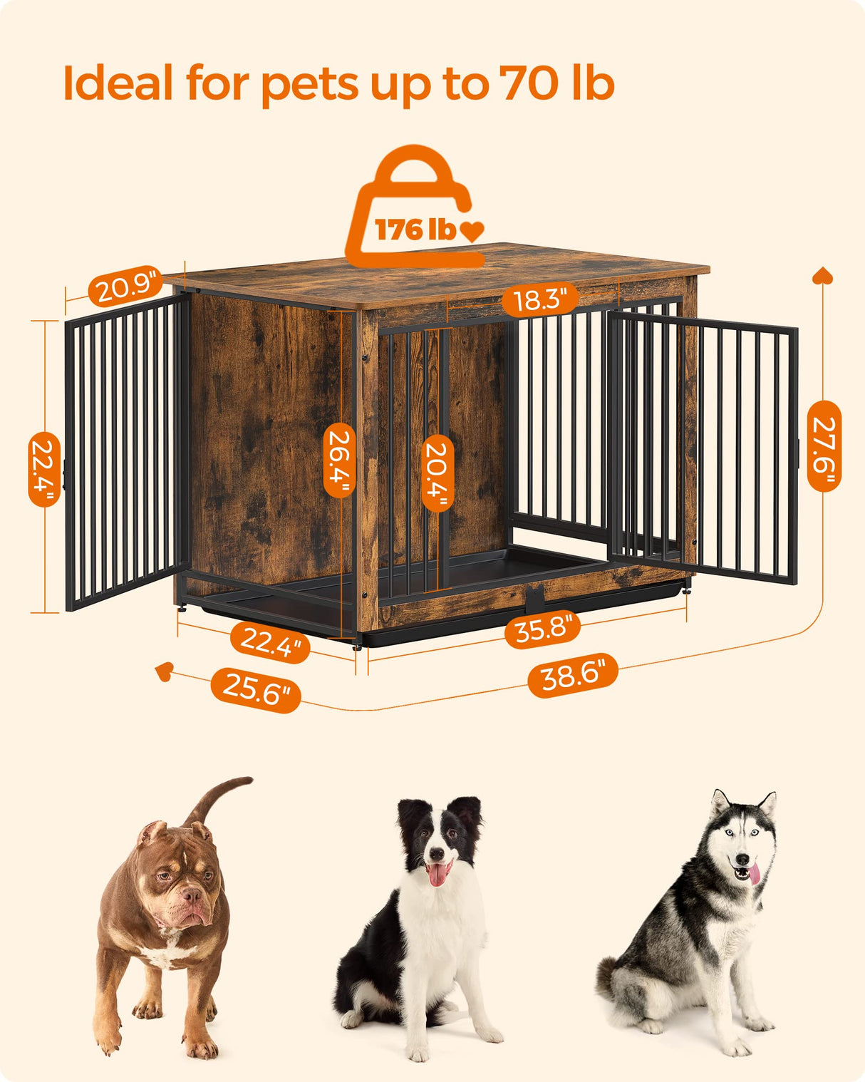 Feandrea Dog Crate Furniture, 38 Inches Dog Kennel for Dogs up to 70 lb, with Removable Tray, Heavy-Duty Dog Cage End Table, Double Doors Dog House, Feandrea
