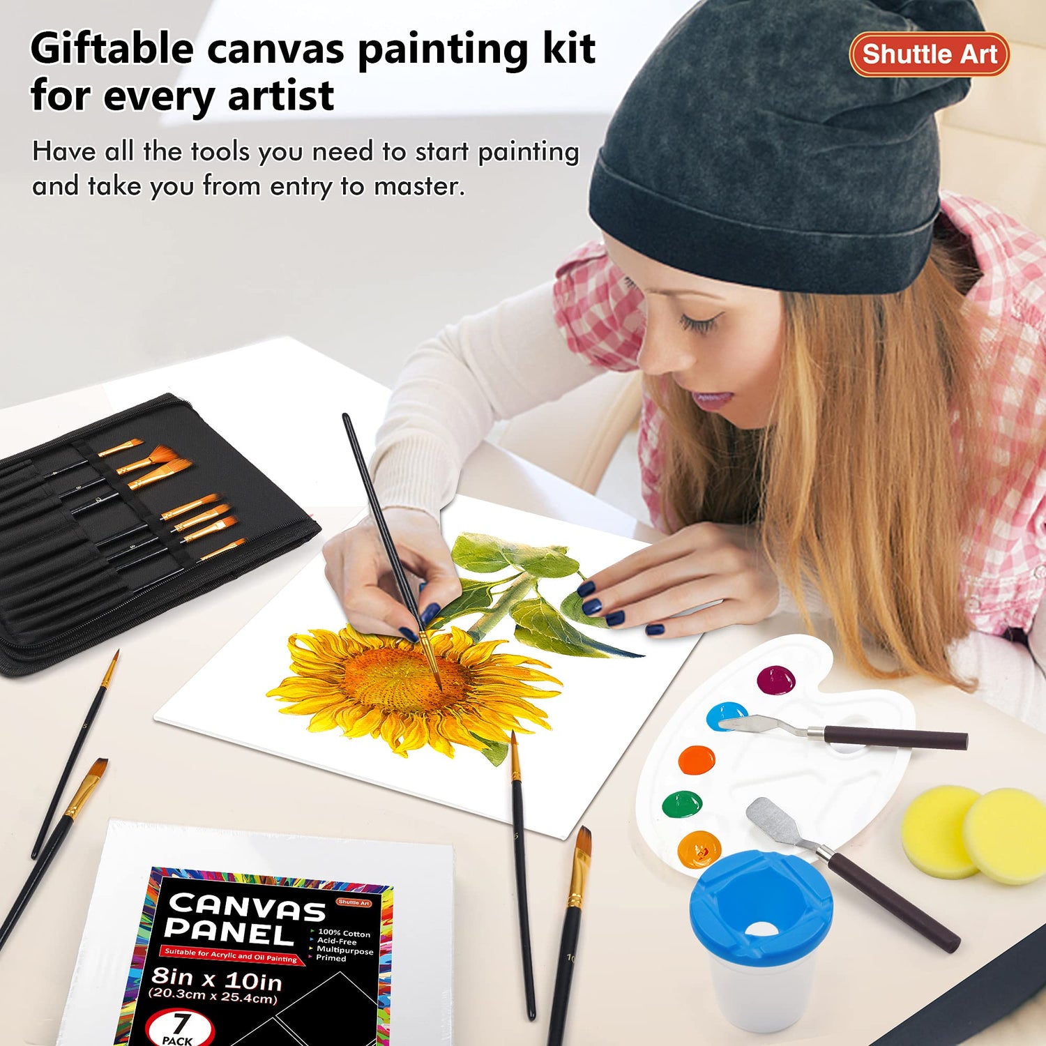 Shuttle Art Canvas Panels and Acrylic Paint Bundle, Art Painting Supplies Set for 50 Colors Acrylic Paint Bottles (60ml/2oz) & 50 Pack Canvas Shuttle Art