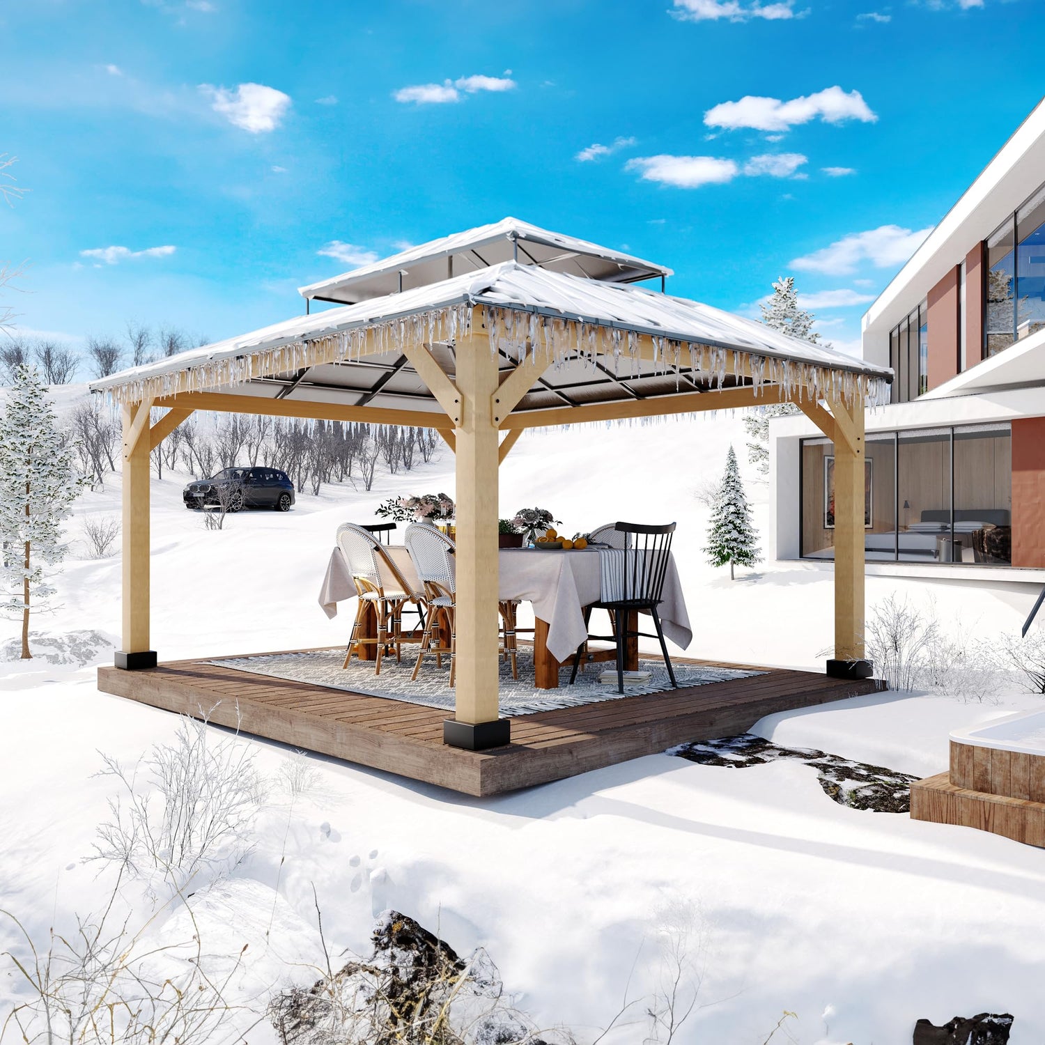 Joyside Wood Gazebo with Mosquito Netting 13 x 11 ft. Wood Patio Gazebo - Cedar Wood Framed Gazebo with Steel Frame Gable Roof Hardtop Gazebo for Joyside