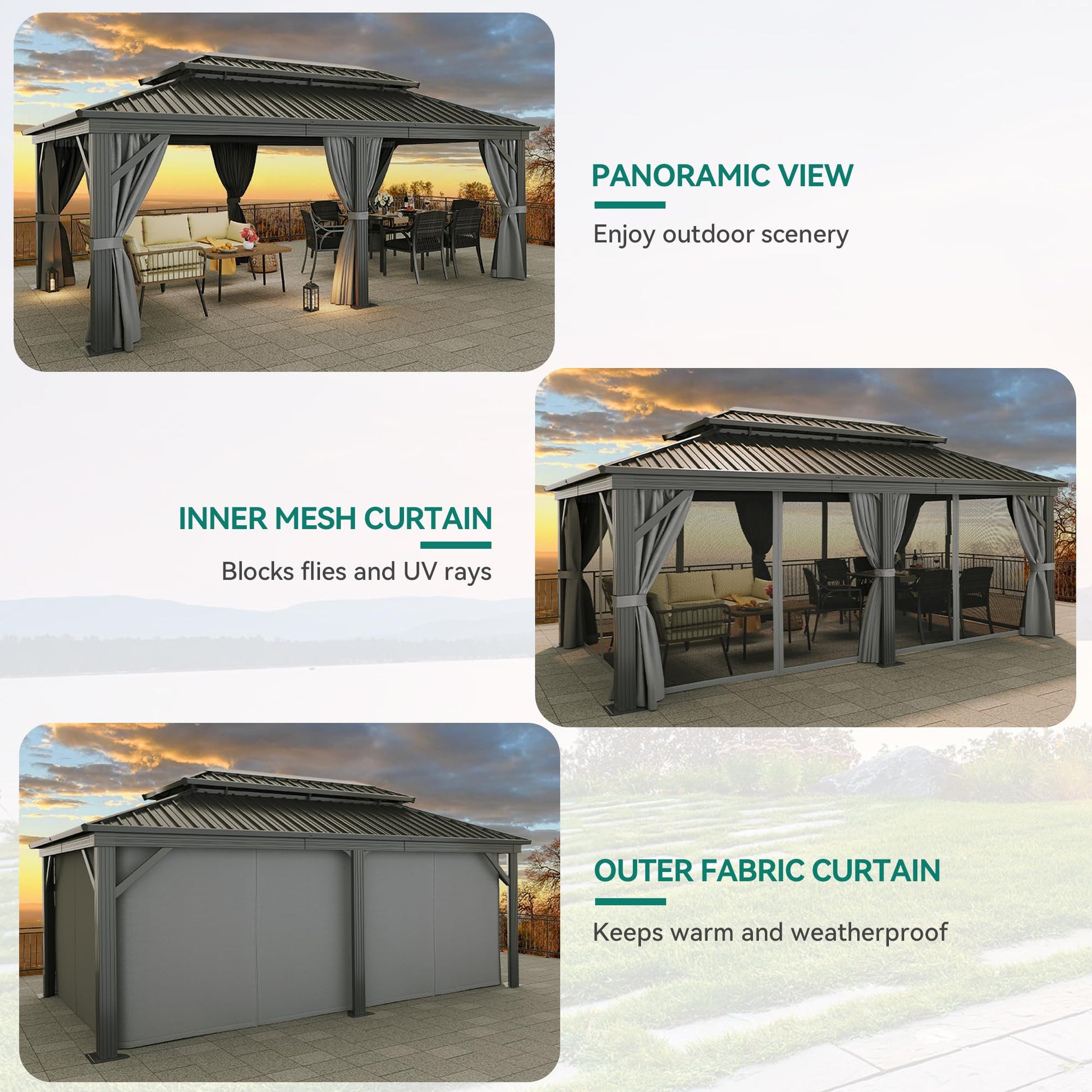 YITAHOME 12x20ft Hardtop Gazebo with Nettings and Curtains, Heavy Duty Double Roof Galvanized Steel Outdoor Combined of Vertical Stripes Roof for - WoodArtSupply