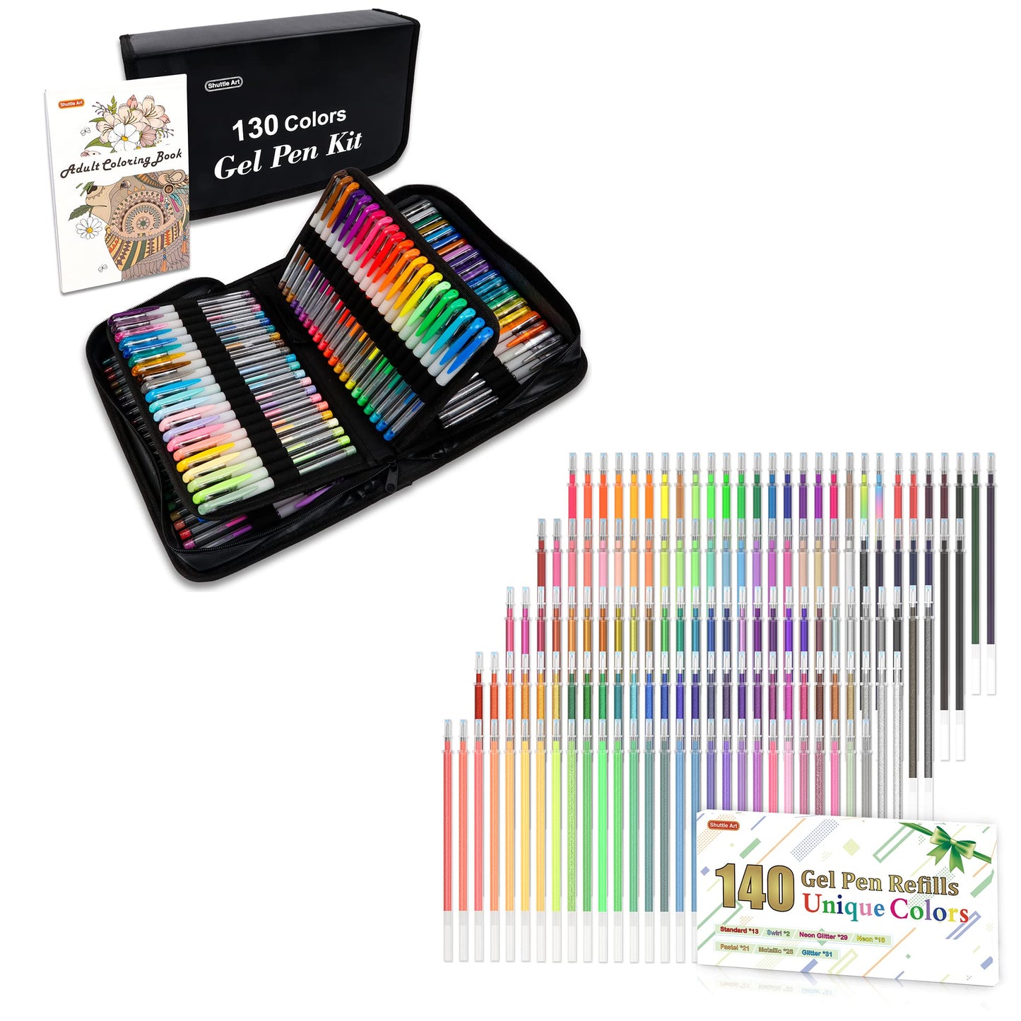 Shuttle Art Gel Pens Bundle, 120 Unique Colors (No Duplicates) Gel Pens Set  + 140 Gel Pen Refills, 7 Color Types for Kids Adults Coloring Books