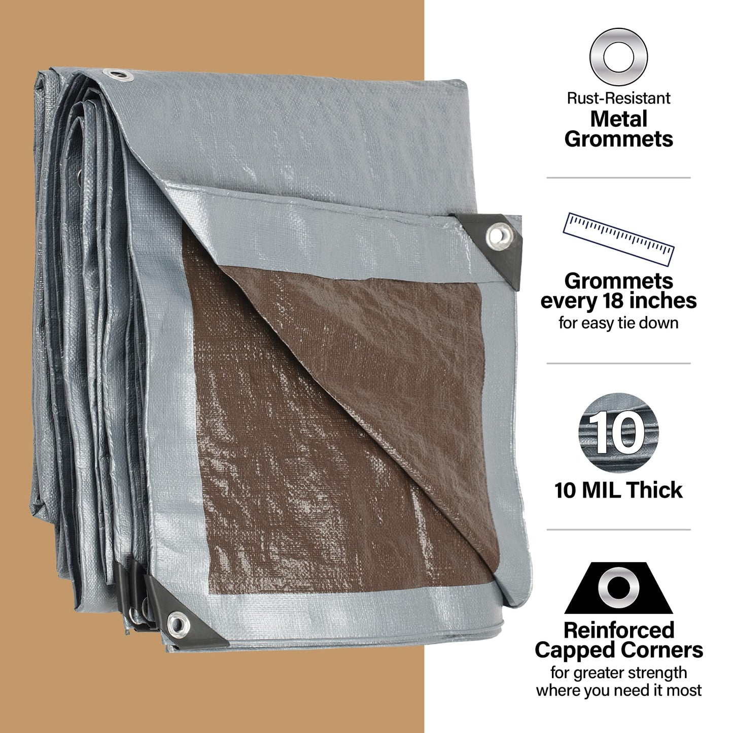 12x20 Heavy Duty Tarp, 10 Mil Thick, Waterproof, Tear & Fade Resistant, High Durability, UV Treated, Grommets Every 18 Inches. (Silver/Brown -