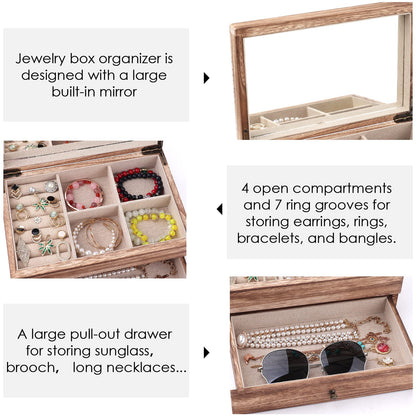 Meangood Jewelry Box Organizer for Women, 2 Layer Large Jewelry Storage Case, Rustic Wooden Jewelry Box with Mirror & Ring Tray for Necklace Earring
