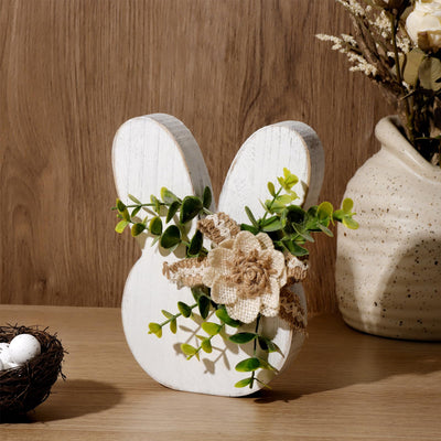 Treory Easter Decorations for the Home: Rustic Antique Wooden Bunny Happy Easter Table Centerpiece Signs, Farmhouse White Rabbit with Flowers Wood
