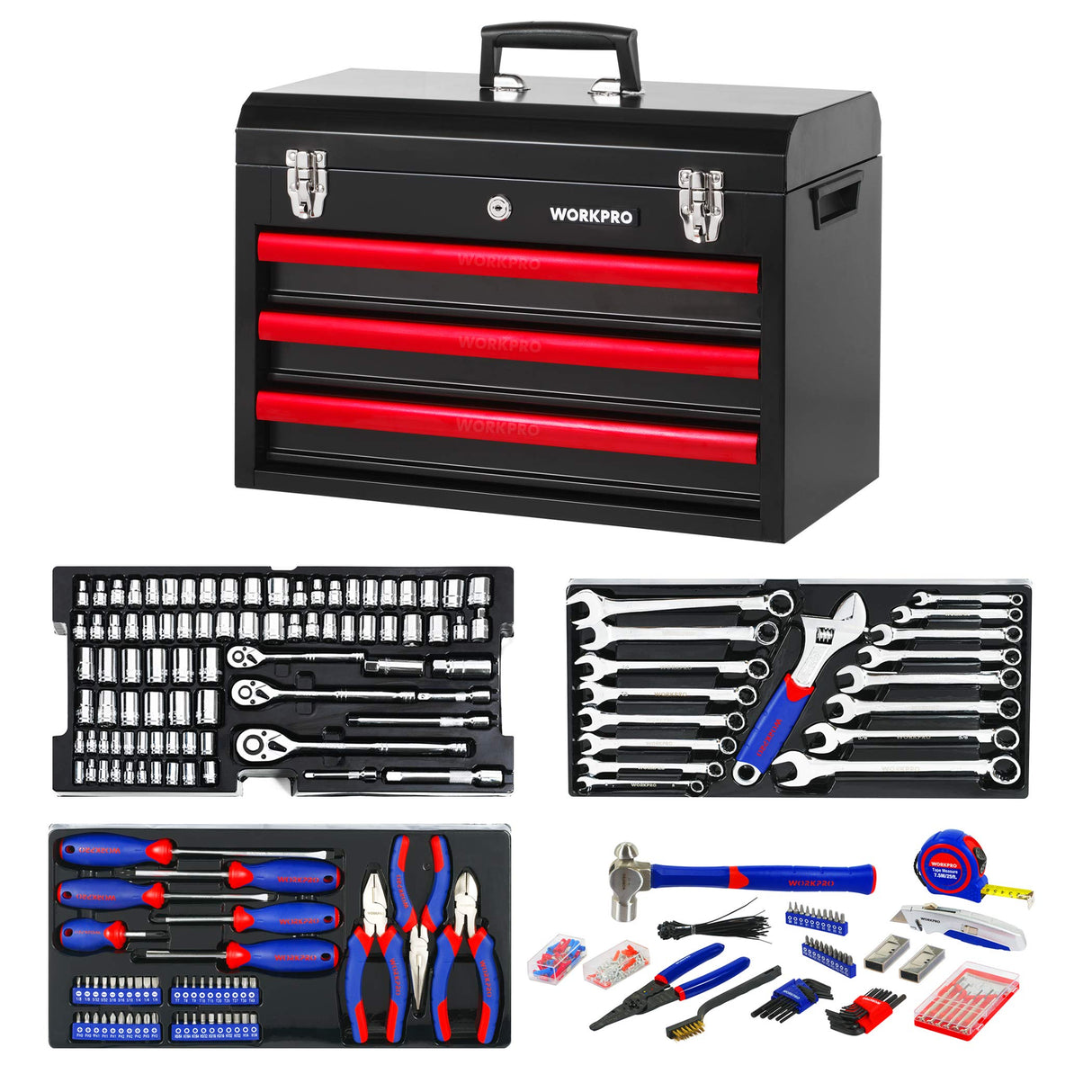 WORKPRO 408-Piece Mechanics Tool Set, General Household Home Repair Tool Kit with 3-Drawer Heavy Duty Metal Box, Hand Tool Kit Set 1 Pack WORKPRO