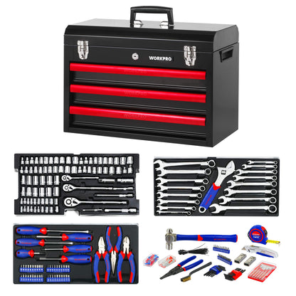 WORKPRO 408-Piece Mechanics Tool Set, General Household Home Repair Tool Kit with 3-Drawer Heavy Duty Metal Box, Hand Tool Kit Set 1 Pack - WoodArtSupply