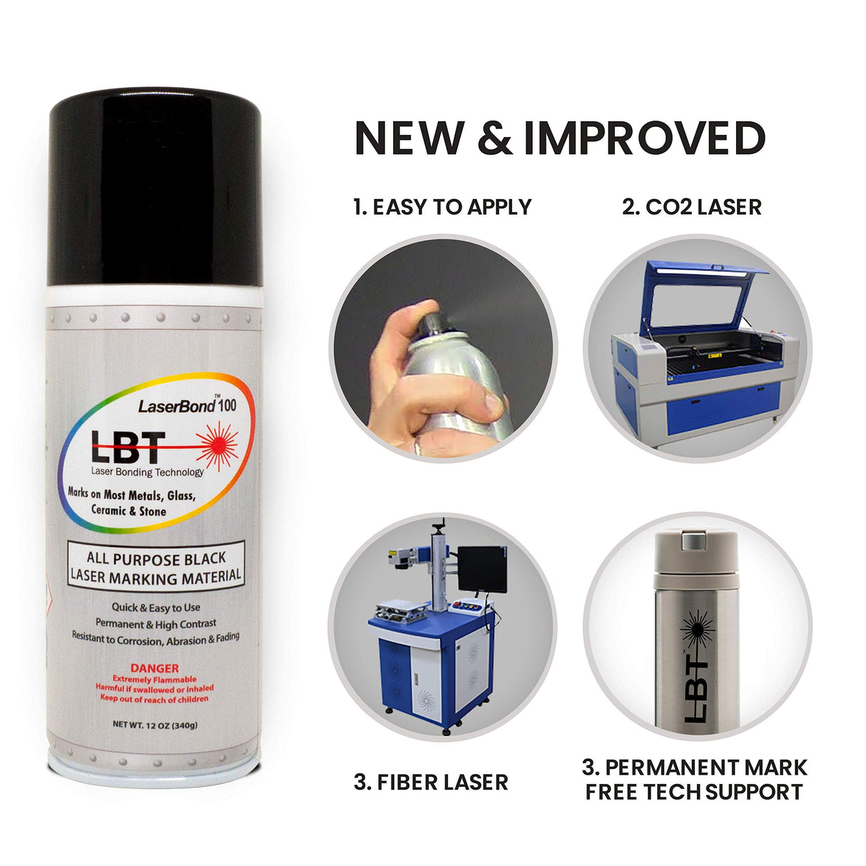 LaserBond Aerosol Black Laser Marking Spray 100 (12 oz), Works with All Laser Engravers, Printers | CO2, Fiber & YAG Laser | LBT 100 Permanently LaserBond