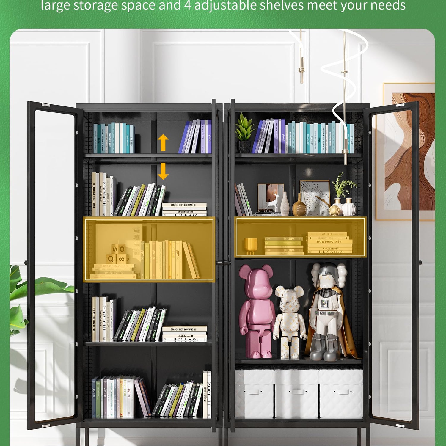 Greenvelly Black Metal Display Curio Cabinet with Glass Doors and 4 Adjustable Shelves Greenvelly