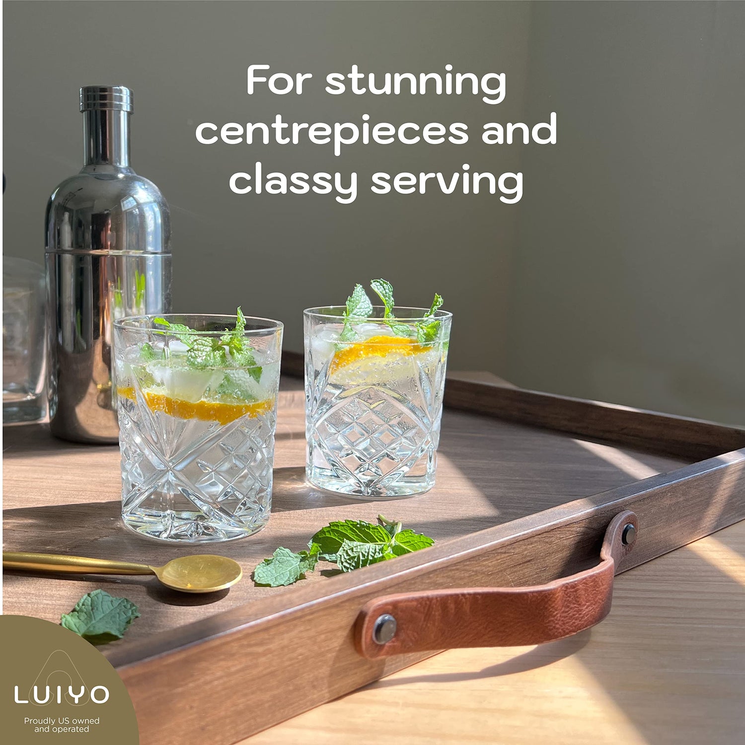 LUIYO Large Ottoman Wood Tray- with Leather Handle Decorative Wooden 24 x 24 x1.5 Inches Square Serving Tray Best for Coffee Table, Living Room and LUIYO