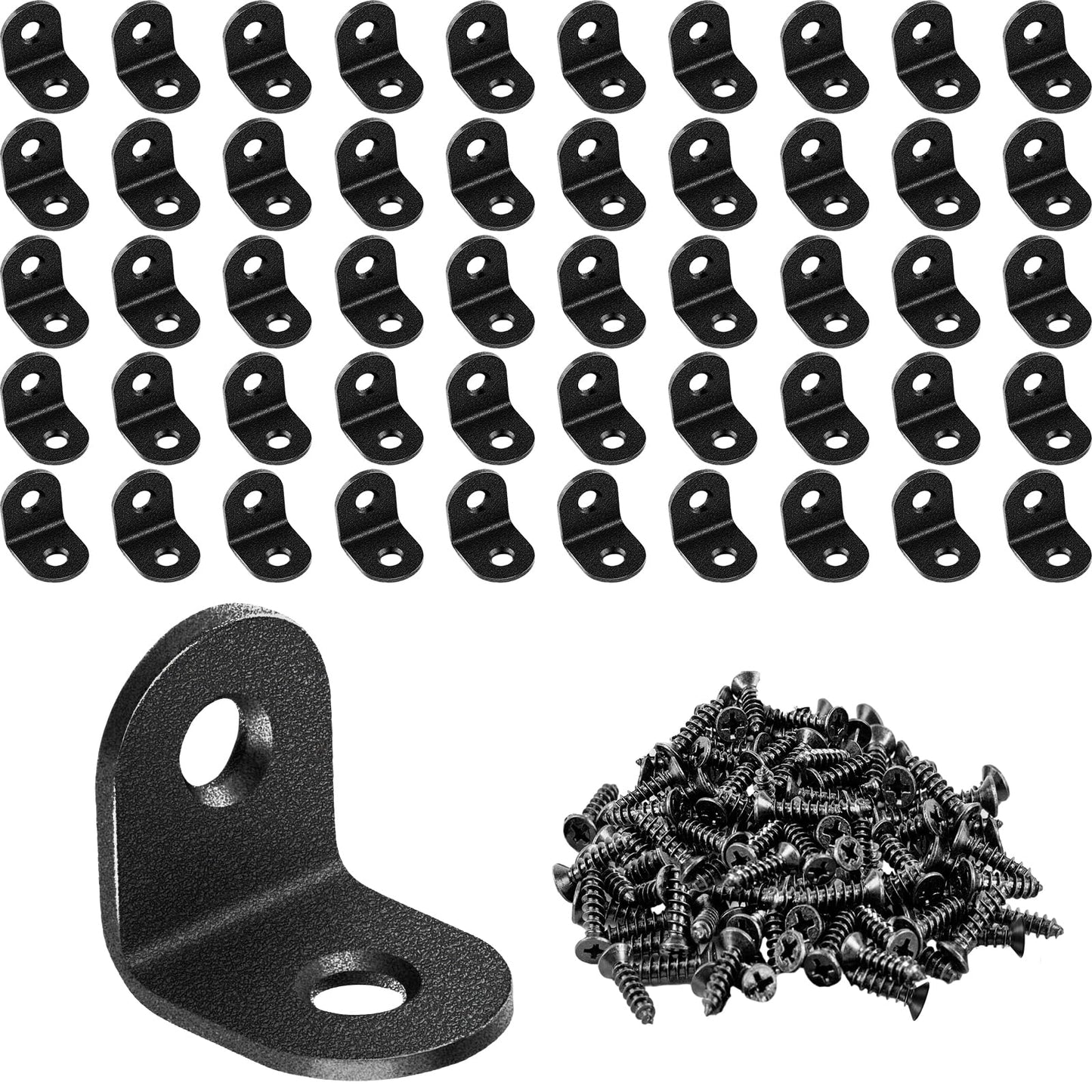 50PCS Metal L Bracket Corner Brace Sets Black Stainless Steel 90 Degree Right Angle Bracket with 100PCS Screws for Wood Furniture Chair Drawer