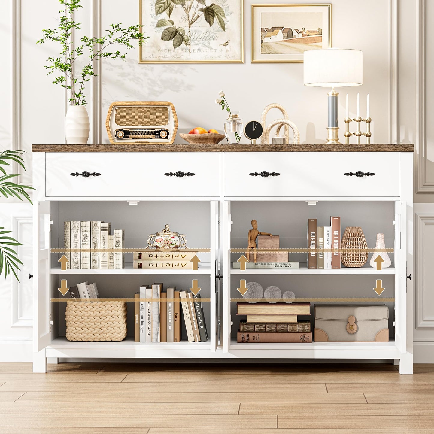 finetones Buffet Cabinet with Storage, 55.1" Large Sideboard Buffet Cabinet, Farmhouse Sideboard Kitchen Cabinet with 2 Drawers and 4 Doors, Wood - WoodArtSupply