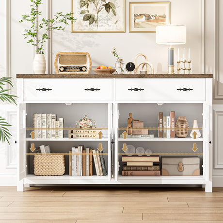 finetones Buffet Cabinet with Storage, 55.1" Large Sideboard Buffet Cabinet, Farmhouse Sideboard Kitchen Cabinet with 2 Drawers and 4 Doors, Wood finetones