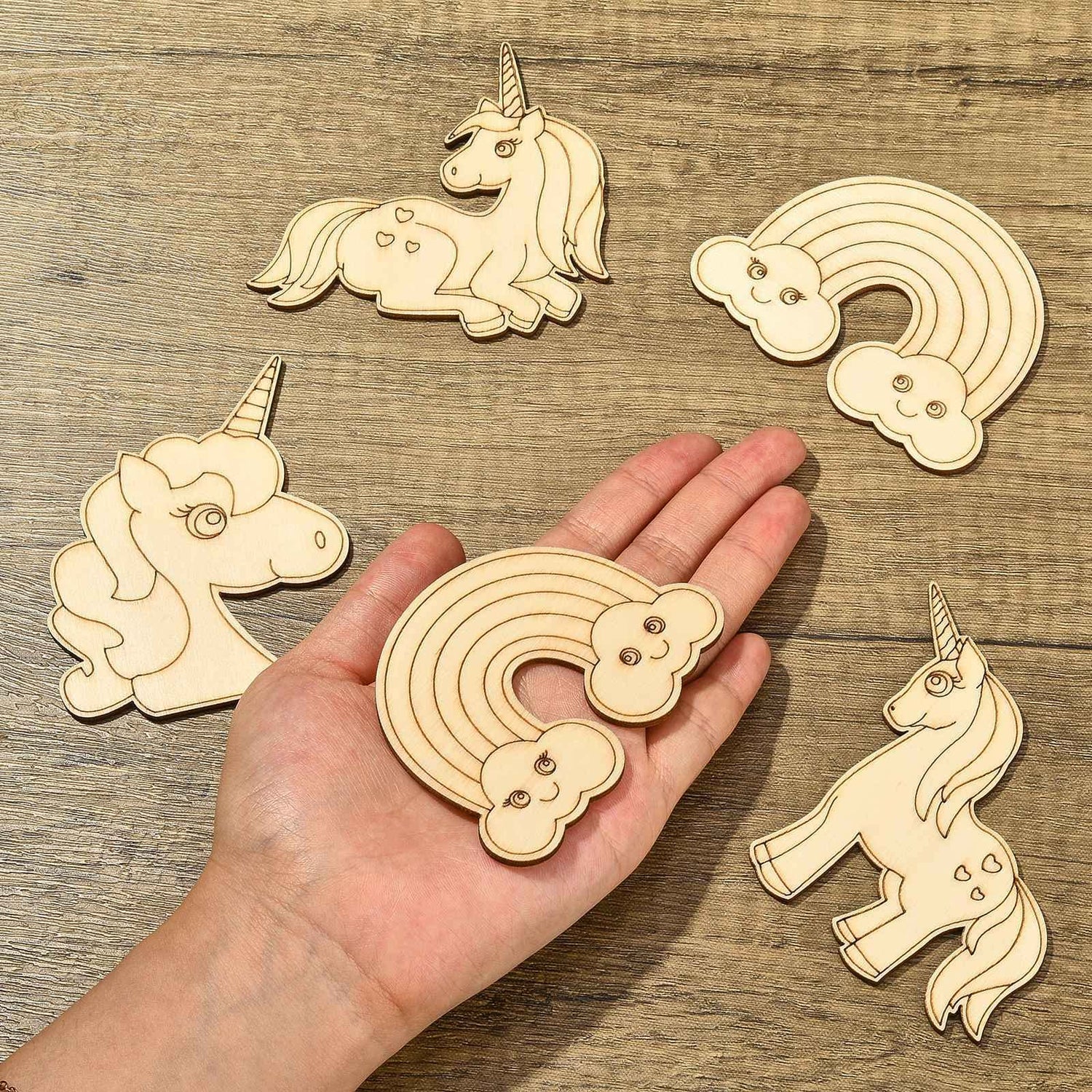 KitBeads 40pcs Unicorn Wood Cutouts Laser Cut Wood Rainbow Unfinished Animal Horse Unicron Wood Piece Ornaments for Crafts DIY Bulk KitBeads