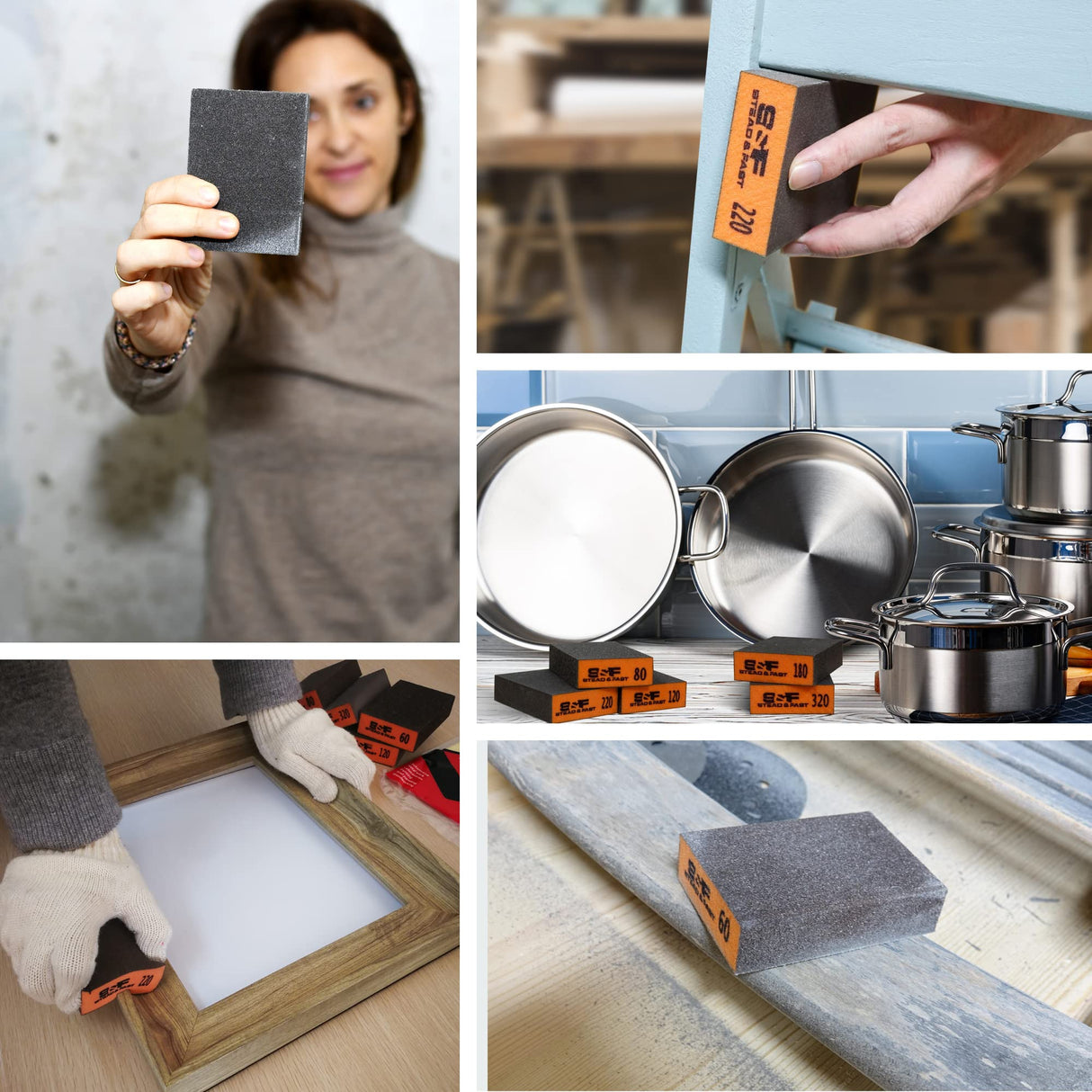 Sanding Block 10 pcs with Tack Cloth, 60 80 120 180 220 320 Coarse Medium Fine Grit Sanding Sponge Assortment, Sanding Sponges for Wood Drywall Metal S&F STEAD & FAST