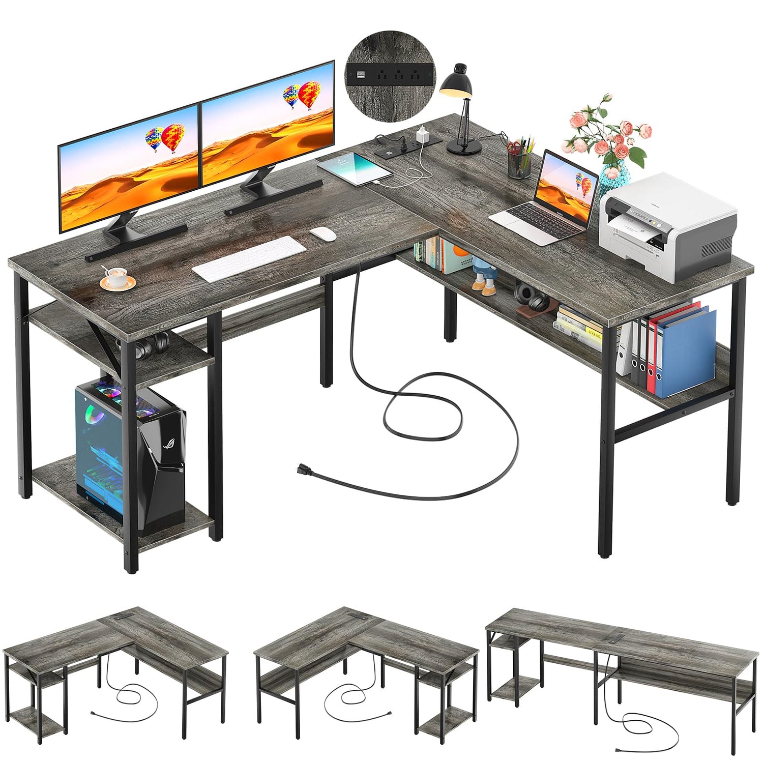 Unikito Reversible L Shaped Desk with Magic Power Outlets and USB Charging Ports, Sturdy Corner Computer Desk with Storage Shelves, Gaming Desk for Unikito