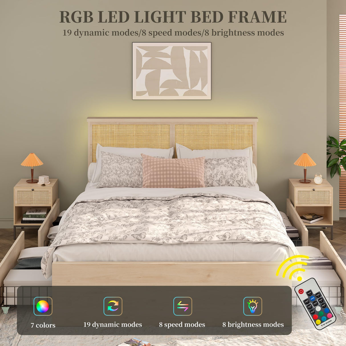 Yechen Boho Queen Bed Frame with Rattan Headboard and 4 Storage Drawers Yechen